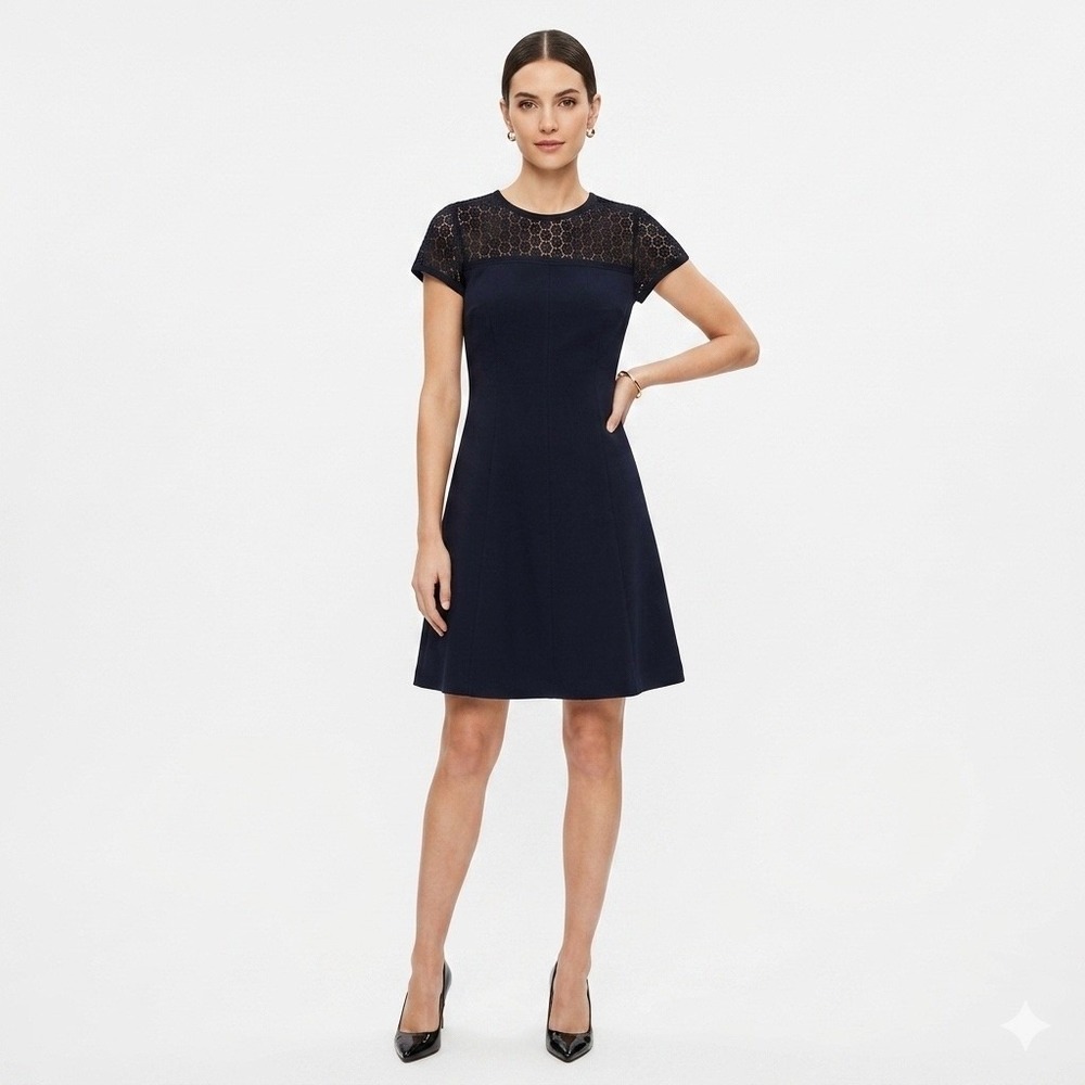 Ann Taylor Dress Womens 12P Navy Blue Crochet Lace Yoke Fit Flare Cocktail